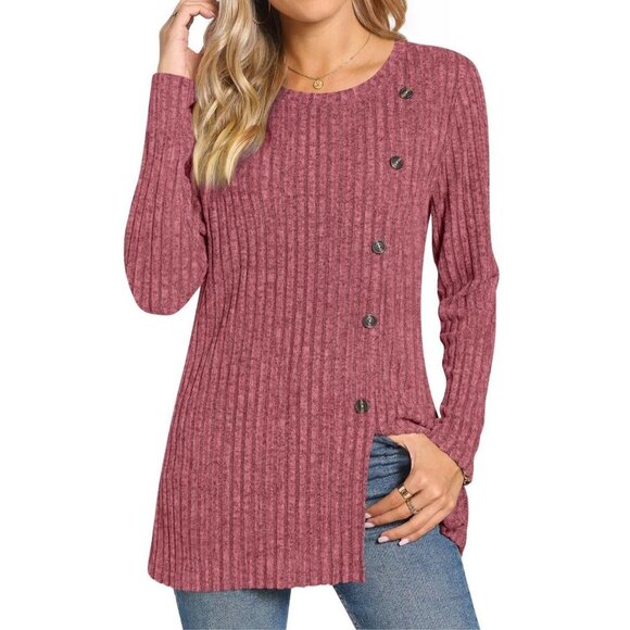 Womens Ribbed Knit Asymmetrical Button Front Sweater Top Long Sleeve Red Size XL - Picture 1 of 14